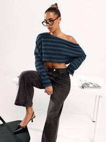 SHEIN BAE 女式条纹不对称肩长袖休闲上衣 - 寶藍色 - 查看 3