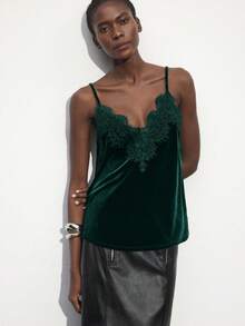 Maija 女士蕾丝拼布天鹅绒黑色吊带背心，适合秋冬季圣诞派对