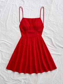 Soleia 新款春夏假期细肩带红色迷你连衣裙，配有胸部细节，适合海滩、节日、度假、波西米亚复古风格，腰部收紧 - 紅色 - 查看 4