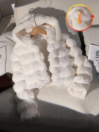 SHEIN 1 件女童柔软人造毛皮夹克，优雅长袖短款修身连帽外套，适合秋冬季