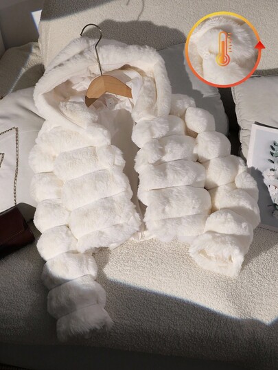 SHEIN 1pc Girls Soft Faux Fur Jacket, Elegant Long Sleeve Short Fitted Hooded Coat, Suitable For Autumn/Winter