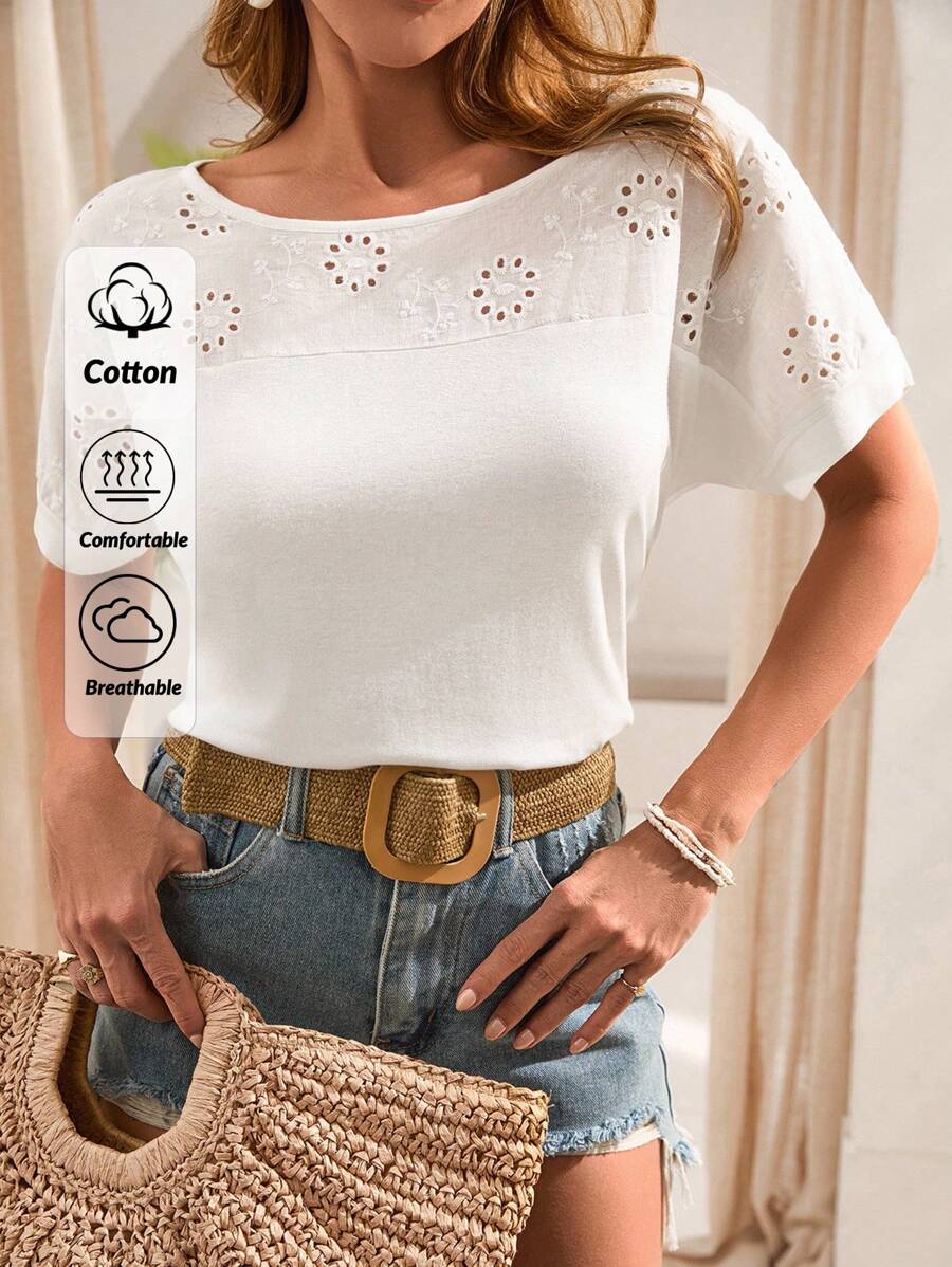 EURMUSE Women Eyelet Embroidery Detailed Blouse Tshirt - White - View 1