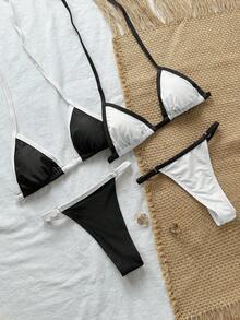 Swim Vcay Women's Sexy Halter-Neck Tie Bikini Set, Summer - Black and White - View 6