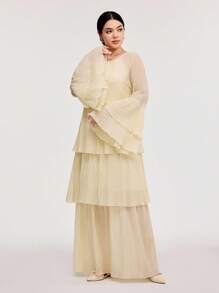Veilorie Women's Solid Color Elegant Semi-Sheer Long Sleeve Dress - Apricot - View 6