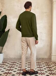 Manfinity Mode 男士纯色轻薄针织毛衣，圆领，长袖，春秋季 - 軍綠色 - 查看 3