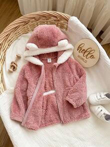 SHEIN 女婴可爱百搭粉色毛绒保暖连帽外套，秋冬季婴儿毛绒外套，婴儿毛绒外套，女婴冬季外套，女婴保暖服，幼儿毛绒外套 - 粉色 - 查看 5