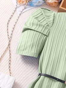 SHEIN Vestido sencillo de manga corta y unicolor para niñas preadolescentes para uso diario - Verde - Ver 5