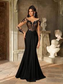 Aureia Đầm dạ hội dài tay sang trọng, chất liệu voan mỏng, đính cườm, sequin và thêu ren, phối ren, co giãn, màu đen, thích hợp cho đám cưới, tiệc tùng, kỳ nghỉ, dạ hội, dạ tiệc buổi tối (đính kết cầu kỳ), Ngày Valentine. - màu đen - Xem 7