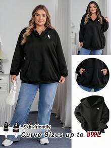 SHEIN CURVE+ Curves Plus Size/Chool Clothes/Back To School Clothes /Back To SchoolWomen's Plus Size Black Casual Simple Floral Print Plus Size Long Sleeve Loose Hooded Cardigan With Pockets, Autumn Plus Size Hoodies Women Plus Size Sweatshirts 8xl Hoodies For Women 6xl Plus Size Hoodies Plus Size Sweatshirts 8xl Winter Fall/Autumn /Winter
