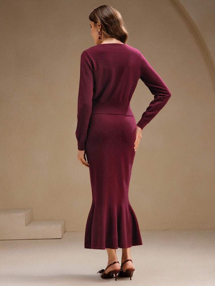 Robe tailleur pour femme, élégante pour soirée, bordeaux, jupe sirène à taille élastique ornée de strass faits main, cardigan à manches longues col V. Convient pour Noël, Halloween, automne/hiver