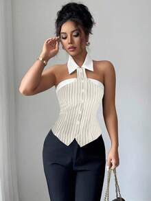 Elenzga 女士时尚黑白条纹露背吊带衫 - 杏色 - 查看 4