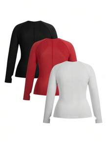 Easithlete 3pcs/Set Plus Size Women Seamless Long Sleeve Sports Tops Long Sleeve Workout Tops Long Sleeve Active Wear - Multicolor - View 2