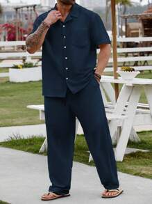 Manfinity RSRT Plus Size Men's Casual Solid Color Short Sleeve Shirt And Pants Set, Summer - Royal Blue - View 3