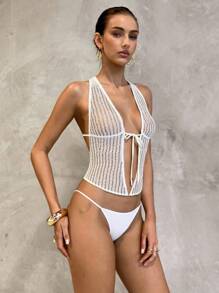 SHEIN Swim قميص كامي مجدول مفرغ بوهيمي صيفي، كارديجان شاطئي - بيج - مشاهدة 5