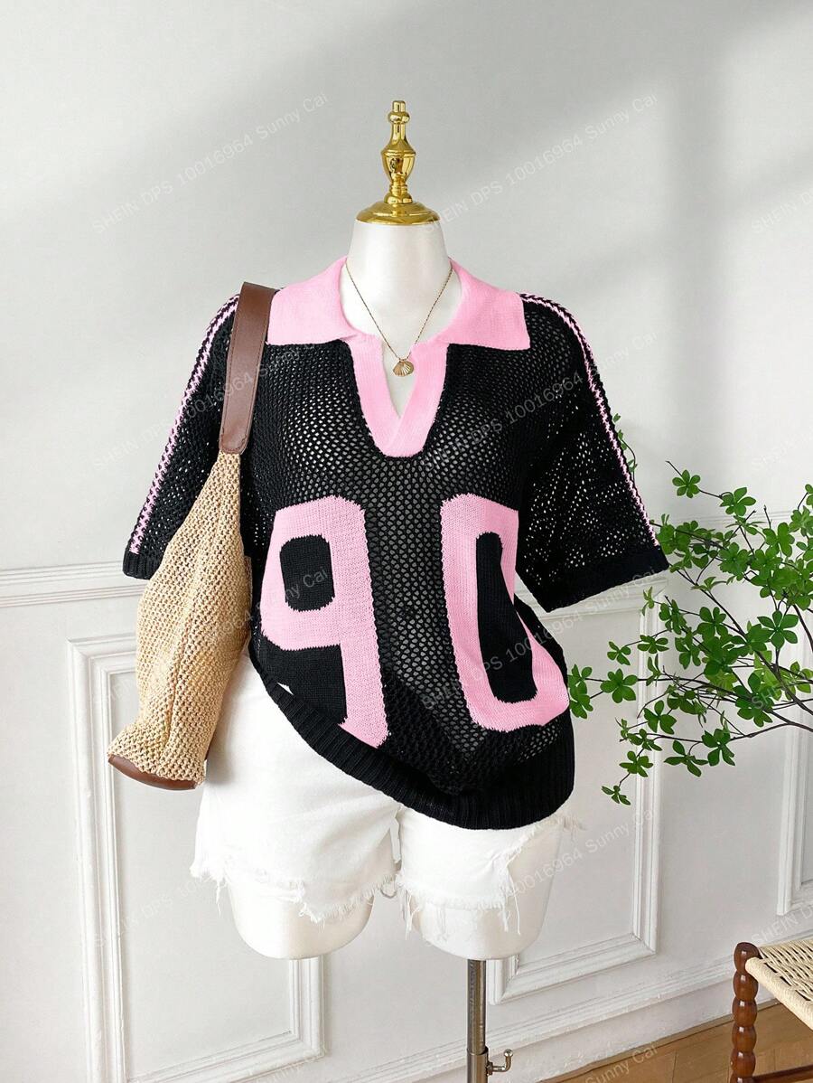 Comfortcana 大码女式休闲撞色领镂空针织上衣