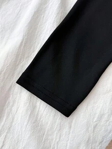 Teen Girl Black Contrast Star Print Long Sleeve Round Neck T-Shirt, Back To School Tee, Streetwear Casual Tee, Fitted Ruched Hem Cropped T-Shirt - Dark Grey - View 5