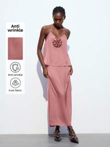 Maija Women's Summer Bubble Gum Pink Floral 3D Decor Tie-Back Halter Neck Tank Top, Casual Business Commute Elegant Vacation Off Shoulder Blouse