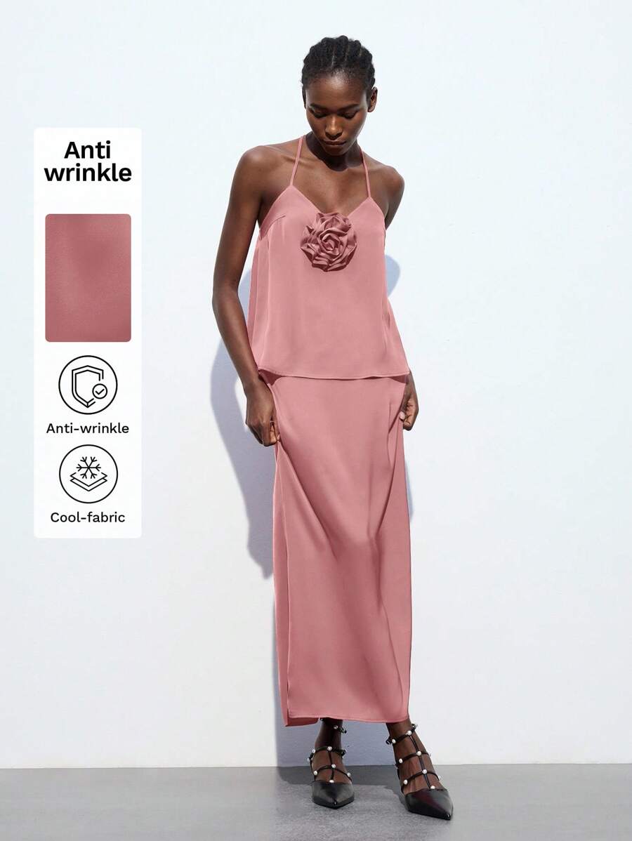 Maija Women's Summer Bubble Gum Pink Floral 3D Decor Tie-Back Halter Neck Tank Top, Casual Business Commute Elegant Vacation Off Shoulder Blouse