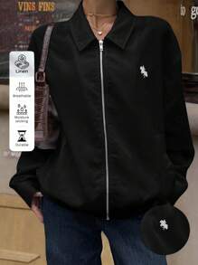 Muchica 女士黑色梭织休闲常规夹克，前拉链和骑士印花黑色夹克女士亚麻夹克女士拉链夹克女士秋冬 - 黑色 - 查看 1