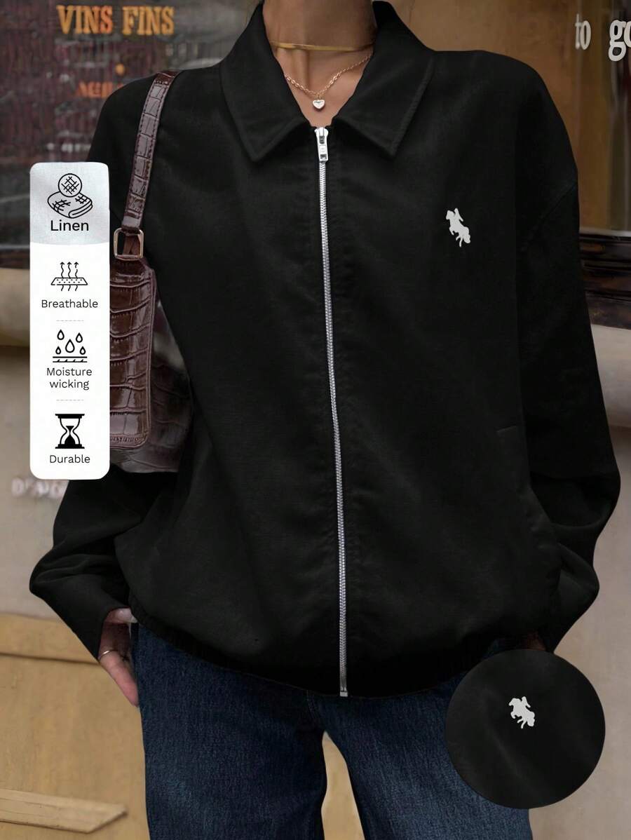 Muchica 女士黑色梭织休闲常规夹克，前拉链和骑士印花黑色夹克女士亚麻夹克女士拉链夹克女士秋冬 - 黑色 - 查看 1