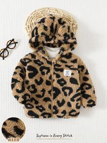 Cozy Pixies 女婴豹纹3D立体耳朵连帽长袖外套，加厚保暖内衬，适合秋冬季节穿着