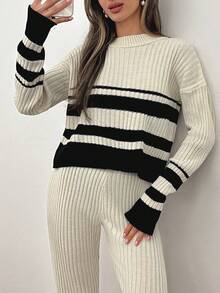 EURMUSE Tall Size Casual Two Pieces Outfit For Winter With Sweater And Sweater Pants Two Piece Knit Set Striped Knit Set Ribbed Knit Set,Co Ords Sets Women,Co Ord,Autumn Outfits Women - Black and White - View 5