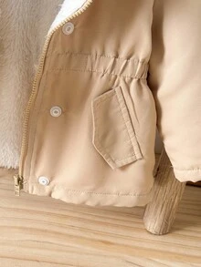 SHEIN Newborn Baby Girl/Boy Casual Versatile Hooded Padded Mid-Length Jacket With Faux Pockets, Autumn/Winter Fall Neutral - Apricot - View 3