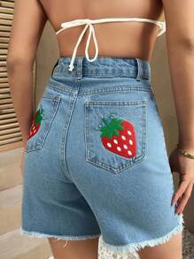 EURMUSE 女士高腰短款刺绣草莓 - 淺色水洗藍 - 查看 3