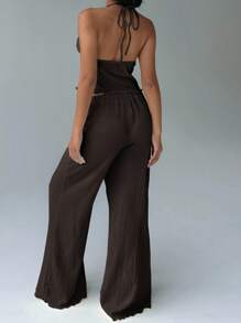 FavEase Women's Sexy Textured Pleated Halter Camisole And Wide Leg Loose Pants Set, Summer - Brown - View 2