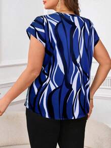 SHEIN Clasi 大码女式几何印花短袖衬衫 - 寶藍色 - 查看 2