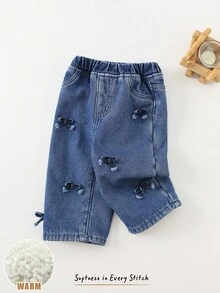 Cozy Pixies Baby Girl Bow Decor Elastic Waist Casual Pants, Versatile & Comfortable Fall Winter - Blue - View 3