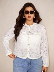 Elaquor 大码女式花卉刺绣圆领长袖单排扣休闲夹克 - 米色 - 查看 4