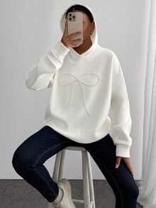 SHEIN Women Pearls Ribbon Embroidery Detailed Oversize Hooded Sweatshirt