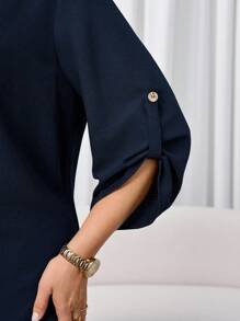 EMERY ROSE Plus Size Women's Solid Turn-Down Collar Casual Loose 3/4 Sleeve Dress Plus Size Navy Blue Dress,Autumn,Fall Women's Clothes,Fall Clothes For Women