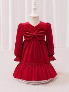 Glamorique Kids Baby Girls' Autumn/Winter New Velvet Korean Fleece Design V-Neck Ruffle Bow Elegant Party Dress,Christmas Dress - Red - View 4