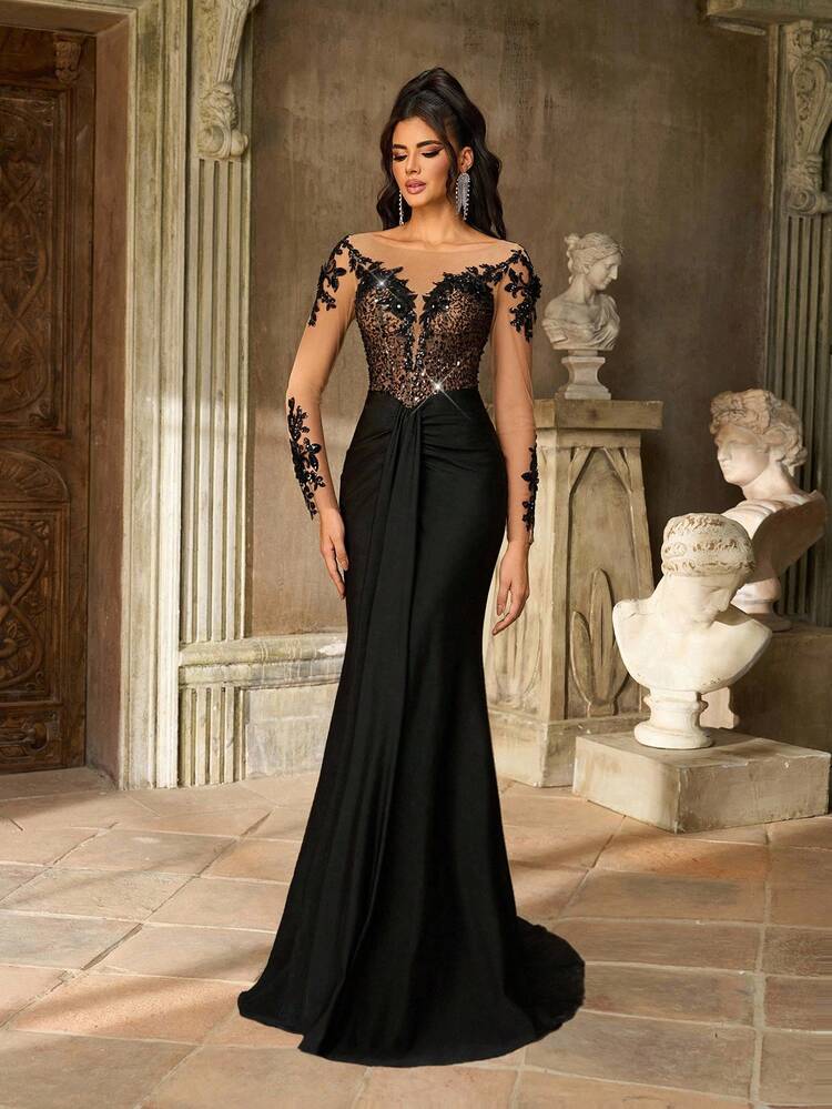 Aureia Robe de soirée noire élégante et luxueuse à manches longues transparentes, avec patchwork de dentelle brodée de perles et de sequins, tricot élastique style sirène. Convient pour le mariage, la fête, les vacances, le bal, la robe de soirée (très ornée), la Saint-Valentin - Noir - Voir 8