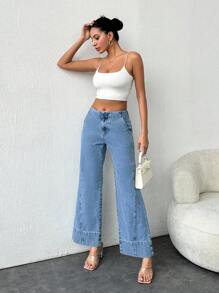 EURMUSE Medium Wash Midwaist Wideleg Cutline Detail - Medium Wash - View 5