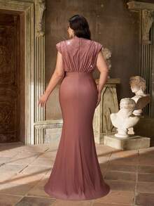 Aureia Váy dạ hội trang trọng thanh lịch lãng mạn cổ cao đính sequin sang trọng trang trí đá Rhinestone xẻ cao ôm sát cơ thể xếp nếp viền đuôi cá có đuôi váy - màu nâu - Xem 4