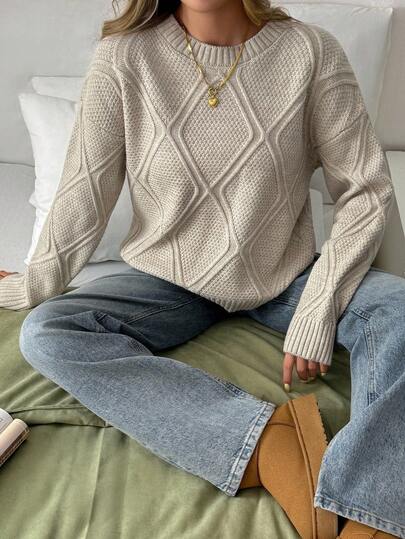 EURMUSE Classic Crewneck Sweater With 3D Diamond Textured Knit Pattern Women's Crewneck Sweater With 3D Diamond Pattern And Textured Stitch Detailing Lightweight Sweater Beige Knit Sweater Diamond Knit Sweater Womens Knit Sweater Cable Knit Sweater Women,Jumper,Cream Jumper,Jumpers,Christmas Jumper,White Jumper,Black Jumper,Ladies Jumper,Women's Jumpers