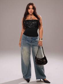 Rustia Plus Size Sexy Backless Sequin Knit Elastic Fitted Crop Top For Women, Summer - Black - View 4