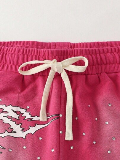 Street Life Pantalones cortos lavados con estampado de letras y diamantes brillantes para hombres