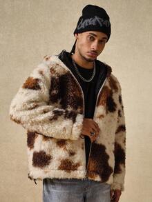 ROMWE MEN Street Life Men's Animal Print Long Sleeve Zip Front Hooded Fleece Jacket , Fall Winter - Burgundy - View 1