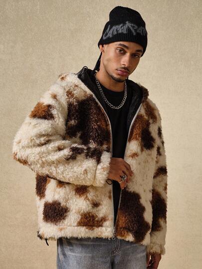 Street Life Men's Animal Print Long Sleeve Zip Front Hooded Fleece Jacket , Fall Winter