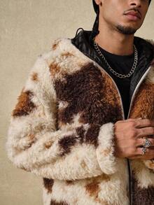 ROMWE MEN Street Life Men's Animal Print Long Sleeve Zip Front Hooded Fleece Jacket , Fall Winter - Burgundy - View 2