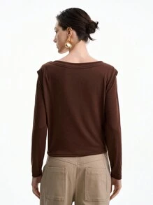 Aalyst Women's Elegant Fashion Commuter Casual Comfortable Charming Retro Long Sleeve Round Neck 2 In 1 Loose Collar Solid Color T-Shirt Fall Cloth For Women - Mocha Brown - View 2