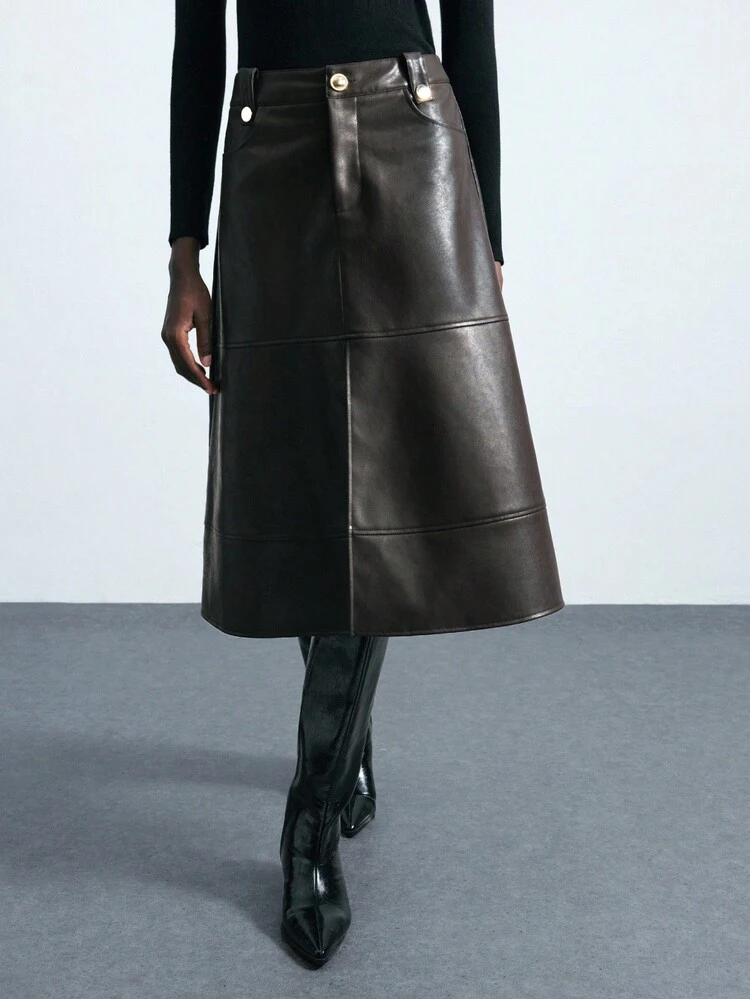 SHEIN Maija 2026 Modern City Early Autumn Classic PU Metal Buckle Design Midi Skirt, Suitable For Early Autumn Party Season And Back To School Season Fall Clothes For Women , Fall Outfits Women , Halloween, Elegant, Goth,  Brown Skirt Brown Leather Skirt Faux Leather Skirt Midi,Business Casual Outfits Women, A Line Skirt,, Old Money Style - Coffee Brown - View 5