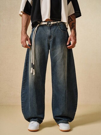 Street Life Jeans casuales y versátiles de pierna ancha con broche de presión para hombres