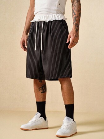 Street Life Pantalones cortos casuales de hombre con rayas y cintura con cordón