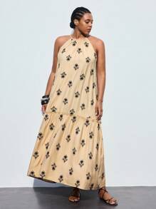 Maija Große Größen Sommer Lässig Kleid mit Blumen Allover-Muster und Trägerkragen