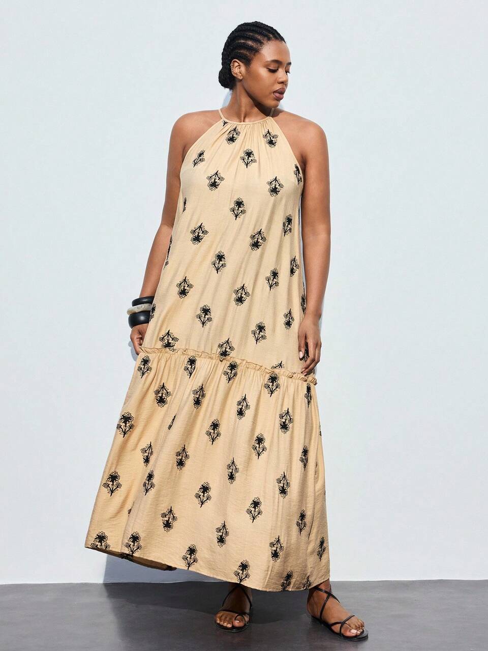 SHEIN Maija Plus Size Summer Casual Floral All-Over Print Halter Dress Halloween Christmas National Day Clothes New Year Clothes